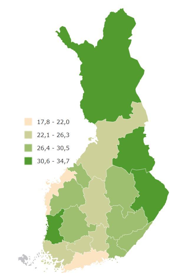 Heikentynyt koettu työkyky matalin Uudellamaalla ja Pohjanmaalla Ei usko jaksavansa työskennellä vanhuuseläkeikään saakka (%) Maakunnat Pohjois-Karjala Kainuu Lappi Satakunta Etelä-Karjala