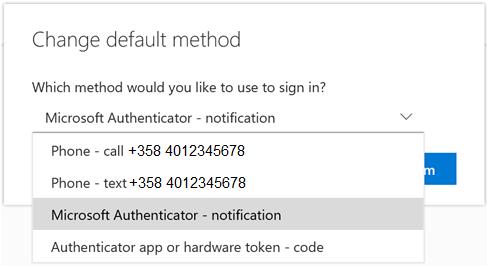 Valitse alasvetovalikosta Microsoft Authenticator notification ja klikkaa