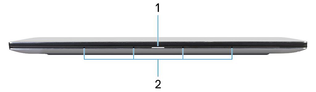 XPS 9380 -tietokone eri suunnista 3 Edessä 1 Virran ja akun tilavalo Ilmoittaa tietokoneen virta- ja akkutilan. Tasaisen valkoinen verkkolaite on kytketty ja akku latautuu.