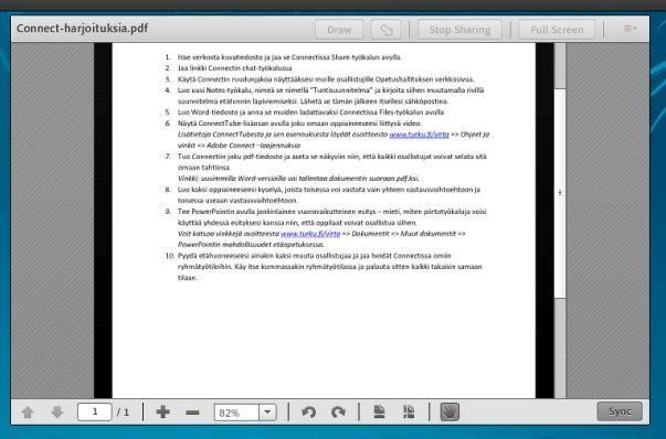 Malliratkaisu, tehtävä 6 Tuo Connectiin joku pdf-tiedosto ja aseta se näkyviin niin, että kaikki osallistujat voivat selata sitä omaan tahtiinsa.
