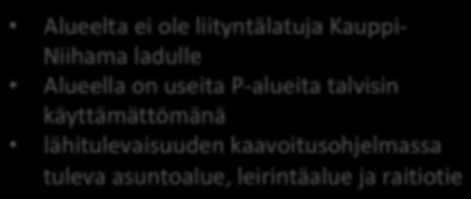 Golf-kenttä ja Alasjärvi Alueelta ei ole liityntälatuja Kauppi- Niihama ladulle Alueella on useita -alueita