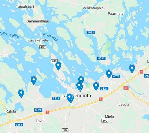 Kolmen sukupolven lähiliikunta-alue, Keskuskatu 6 Korvenkylän koulun piha, Asematie 20 Joutsenon koulukeskuksen pihakenttä, Penttiläntie 4 Kaukaan koulun piha, Parkkarilankatu 41 Google Maps 2019