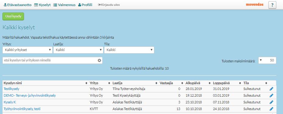 Kyselyiden päänäkymä Movendos msurvey-palvelu on osa Movendos Health Platform-kokonaisuutta, johon kuuluvat myös esimerkiksi ajanvaraukseen, etävastaanottoon ja etävalmennukseen liittyvät palvelut.