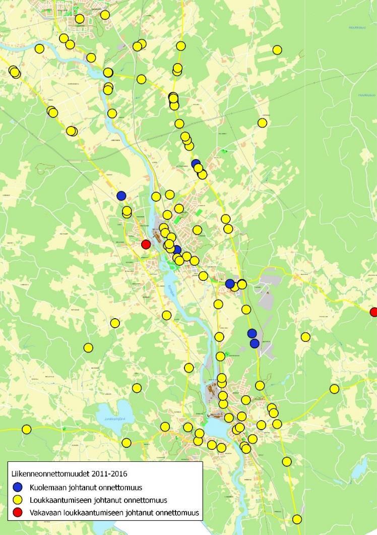 Yleiskaavarajauksen alueella, eli alemman tason maanteillä ei ole tapahtunut vuosina 2011-2016 merkittävää määrää liikenneonnettomuuksia.