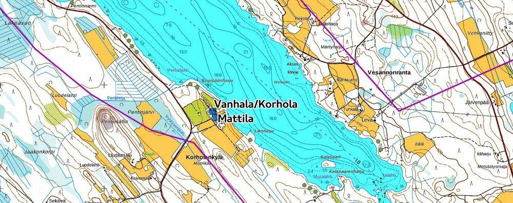 rakennuspaikat vihreänä pisteenä, kaavaalueen raja violettina viivana. Maanmittauslaitoksen maastokarttarasteri 1:20 000 7/2017.