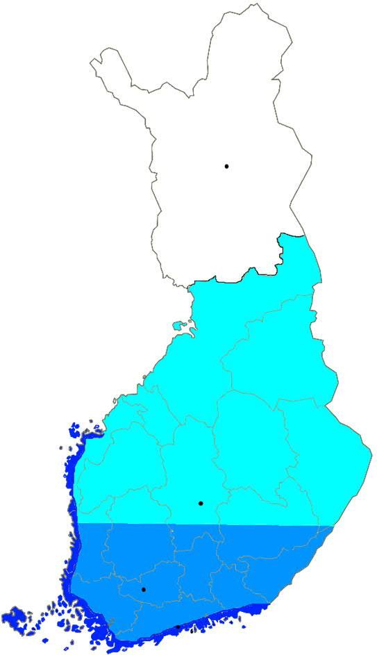 Suomen ilmasto-olosuhteet - Miedompi kuin sijainti antaisi olettaa - Voidaan jakaa neljään alueeseen ilmastoolosuhteiden ja asumiskeskittymien mukaan: rannikko eteläinen Suomi