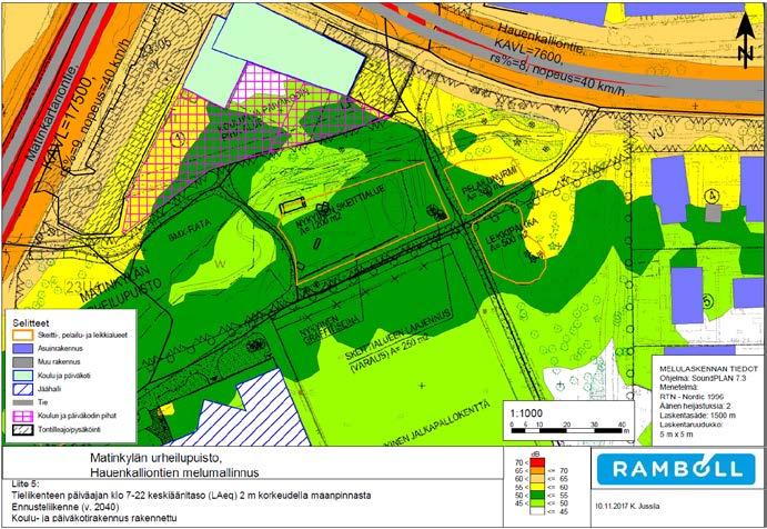 Kunnallistekniikan yleissuunnitelman yhteydessä tehdyn meluselvityksen mukaan melutaso alittaa ennustetilanteessa 55 db lähes koko suunnitellulla leikkialueella.