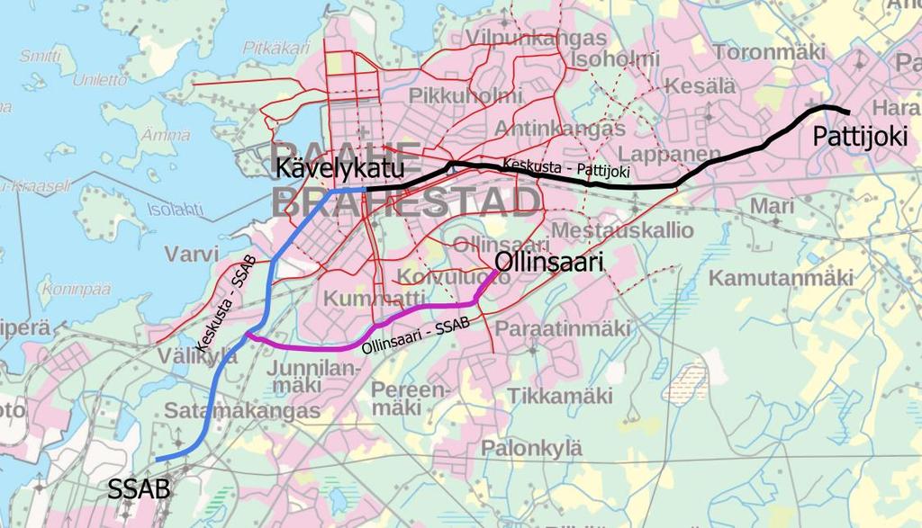 6 Kuva 4. Keskeisten alueiden liikennesuunnitelmassa määritetyt laatukäytäväreitit Keskusta- Pattijoki, Keskusta-SSAB ja Ollinsaari-SSAB. 1.2.