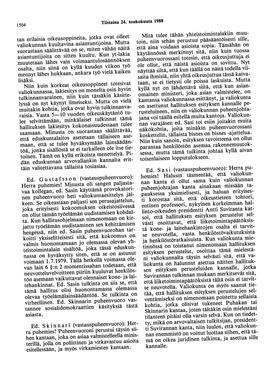 1504 Tiistaina 24. toukokuuta 1988 tan erilaisia oikeusoppineita, jotka ovat olleet valiokunnan kuultavina asiantuntijoina.