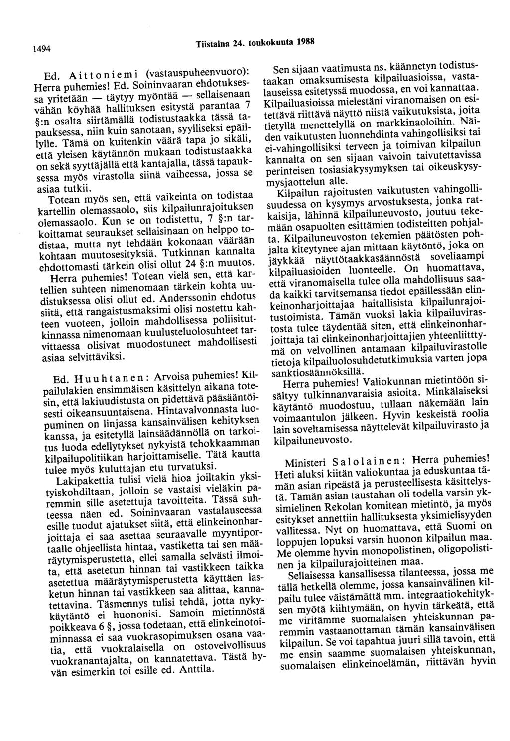 1494 Tiistaina 24. toukokuuta 1988 Ed.