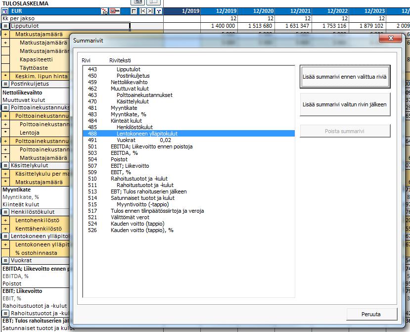 Summarivit Tuloslaskelmaan voi lisätä summarivejä valikosta.