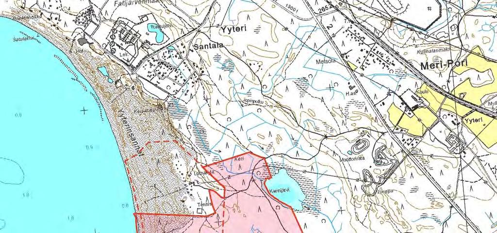 1. Suunnittelualue KUVA 1. Suunnittelualueen sijainti osoitettu punaisella yhtenäisellä alueella ja voimassa oleva UPM:n lomakylän rantakaava punaisella katkoviivalla.
