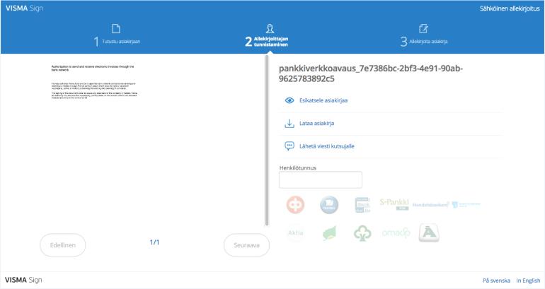 4. Allekirjoittaaksesi asiakirjan kirjoita henkilötunnuksesi ja tunnistaudu sen jälkeen henkilökohtaisilla verkkopankkitunnuksilla tai mobiilivarmenteella. Tällä varmistetaan henkilöllisyytesi.