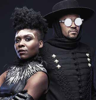 They are known for frantic stage shows and their Afrofuturistic club sound that mixes the beats of Rio s favelas and South African townships with an electronic pulse.