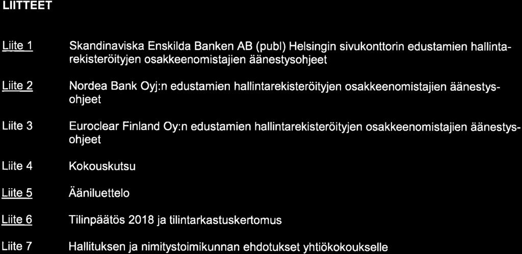 Kemtra LIITTEET Liite 1 Liite 2 Liite 3 Liite 4 Liite 5 Liite 6 Liite 7 Skandinaviska Enskilda Banken AB (publ) Helsingin sivukonttorin edustamien hallintarekisteröityje n osakkee no m istaj ien ää