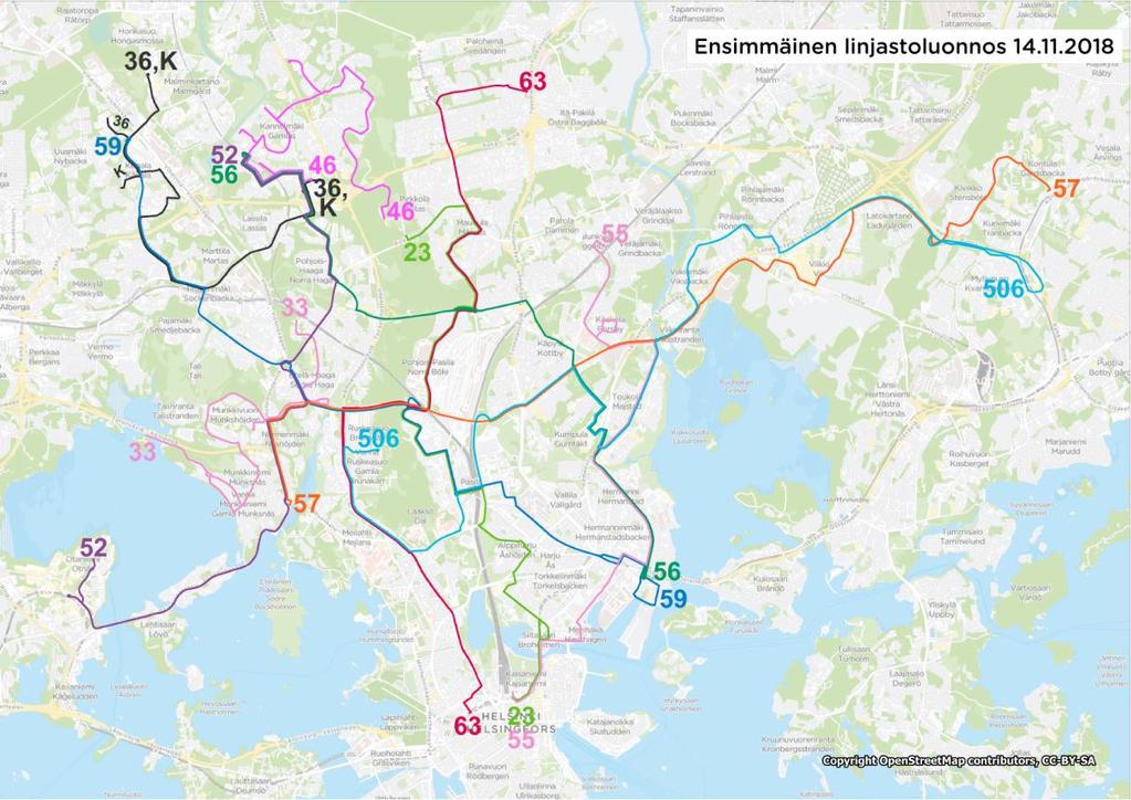 12 52 55 56 57 59 63 506 552 Linjan reitti siirtyy välille Kannelmäki - Huopalahden asema - Munkkivuori - Munkkiniemi - Otaniemi. Linja tarjoaa liityntäyhteyksiä junalle ja metroon sekä mm.