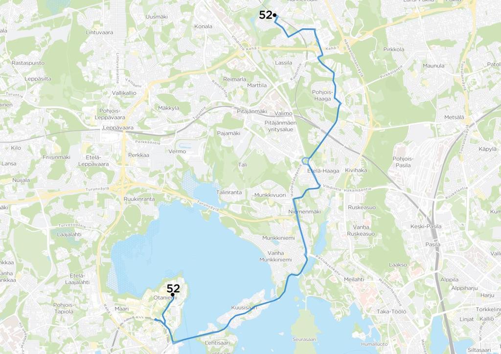 17 Linja 52 Kannelmäki Pohjois-Haaga Huopalahti as. Munkkivuori Munkkiniemi Otaniemi Kuva 7. Linjan 52 uusi reitti.