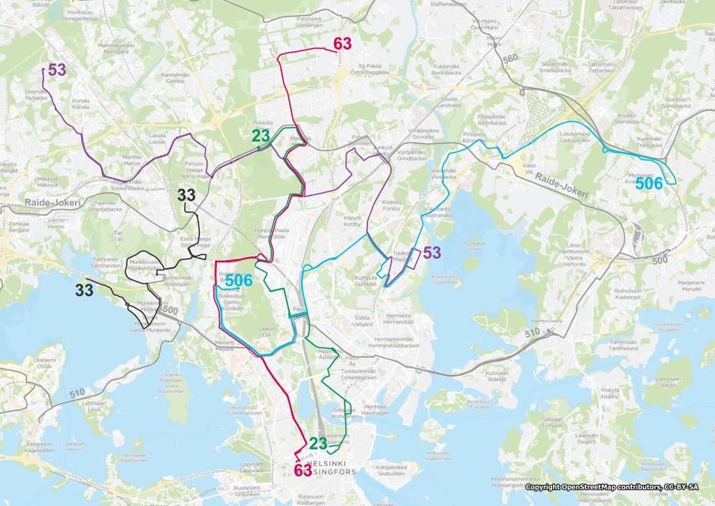 21 3.2 Peruslinjat ja täydentävät linjat Peruslinjat 23, 63 ja 506 tarjoavat yhteyksiä hieman tiheän vuorovälin linjoja harvemmalla vuorovälillä, mutta kuitenkin päivittäin ja laajoilla