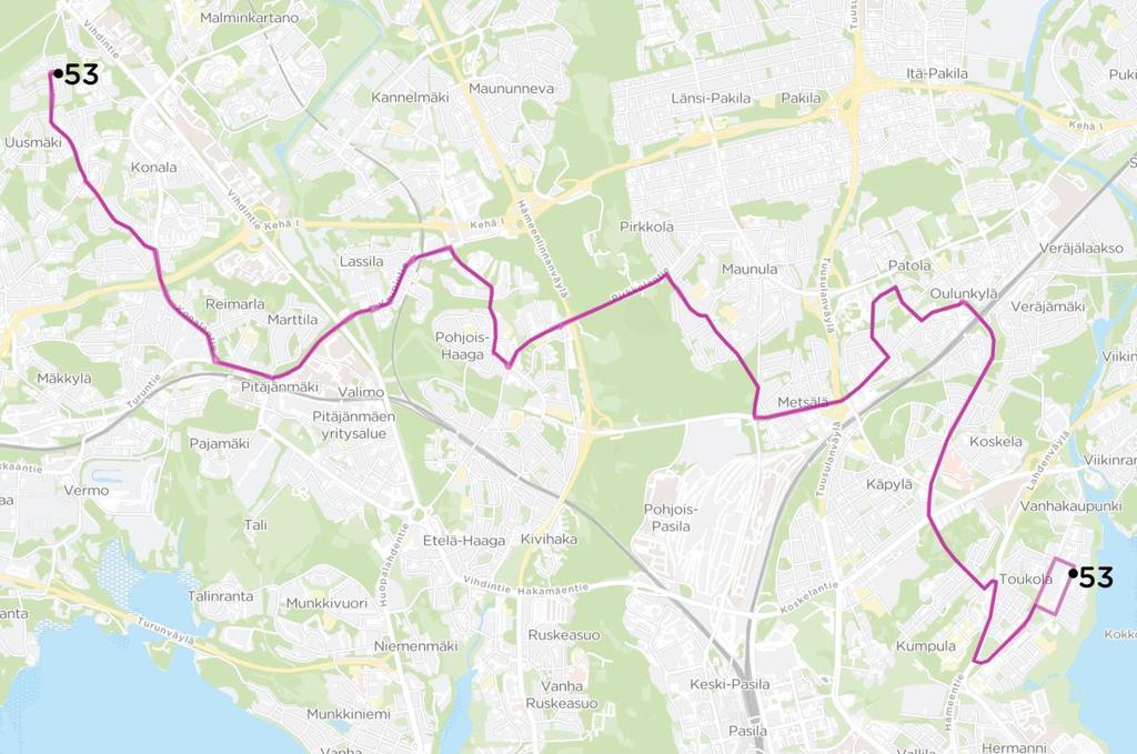 26 Linja 53 Arabia Kumpula Oulunkylä Maunula Pirkkola Pohj.-Haaga Pitäjänmäki Konala Uusmäki Kuva 16. Uusi linja 53.