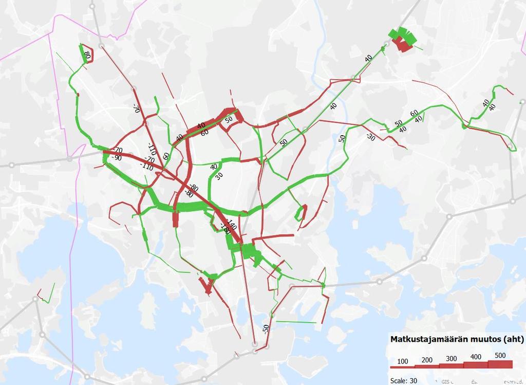 37 Vaikutukset matkustajamääriin Suunnitelman mukainen linjasto (VE1) parantaa joukkoliikenteen kokonaispalvelutasoa ja Helsingin seudulla tehdään vuorokaudessa noin 1200 joukkoliikennematkaa enemmän