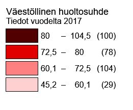 Väestöllinen huoltosuhde kunnittain (Tilastokeskus, tiedot vuodelta 2017) Väestöllinen huoltosuhde kuvaa lasten ja vanhuseläkeikäisten määrän suhdetta työikäisen väestön määrään Koko maan