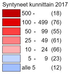 Vuonna 2017 Suomeen syntyi 50 321 lasta Eniten: Vähiten: Helsinki 6566 Kökar 0 Espoo 3089 Sottunga 0 Vantaa 2513 Lumparland 1 Tampere 2274 Sund 1 Oulu 2205 Brändö 2 Turku 1775 Föglö 2 Jyväskylä 1377