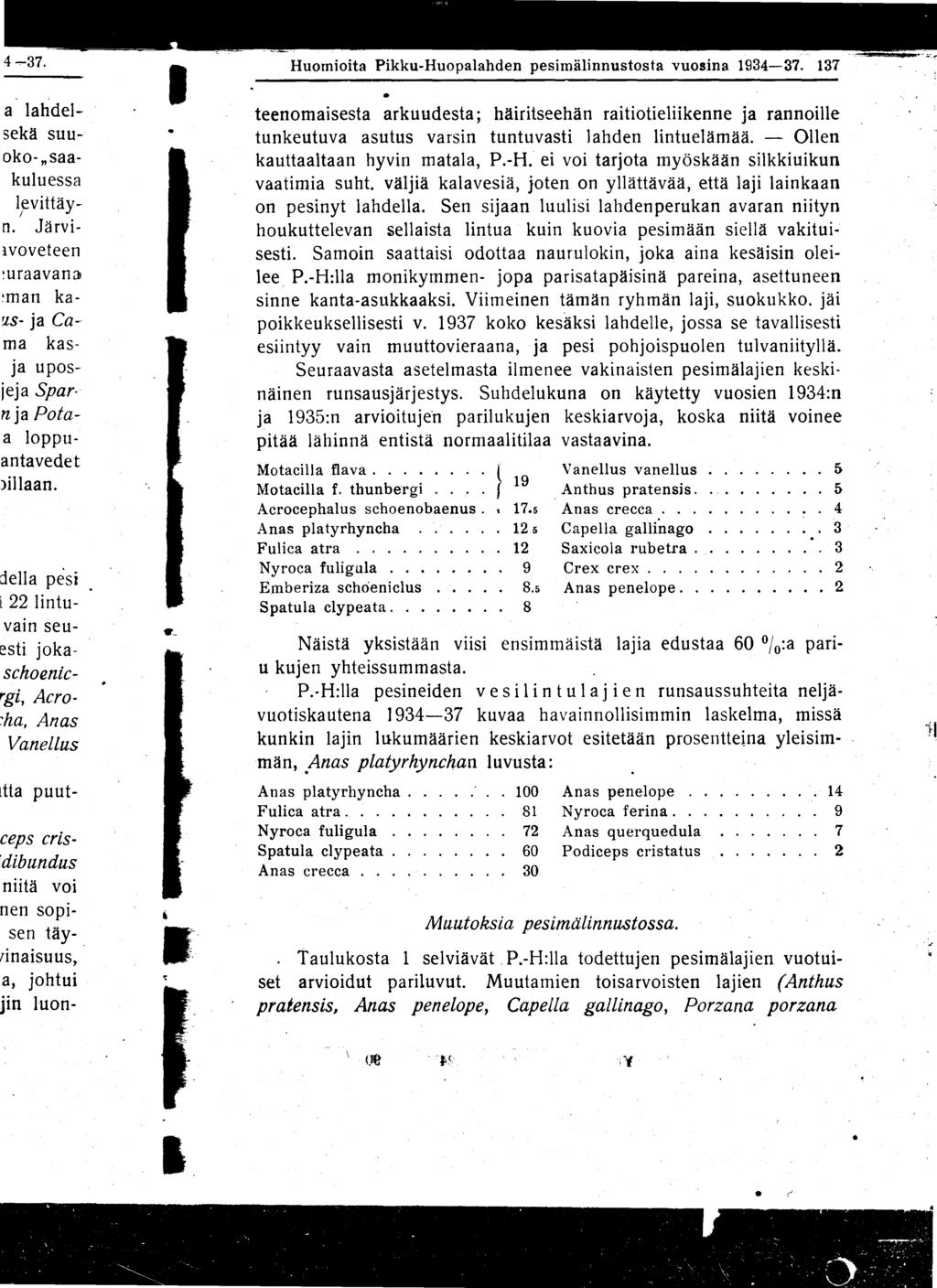 Huomioita Pikku-Huopalahden pesimälinnustosta vuosina 1934-37. 13 7 1 teenomaisesta arkuudesta ; häiritseehän raitiotieliikenne ja rannoille tunkeutuva asutus varsin tuntuvasti lahden lintuelämää.