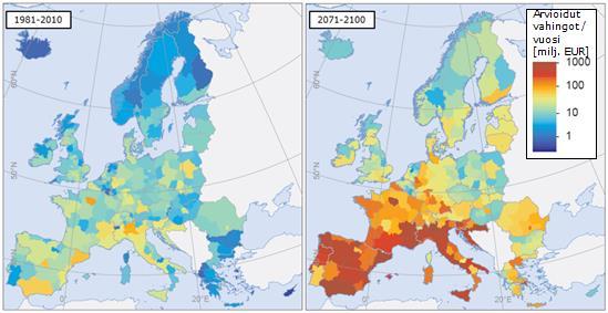 Näissä elintärkeille infrastruktuureille aiheutuvia vahinkoja koskevissa kartoissa tulee esiin tietty kaava: yleensä ottaen ilmastovaikutukset jakautuvat eri puolilla Eurooppaa epätasaisesti sekä