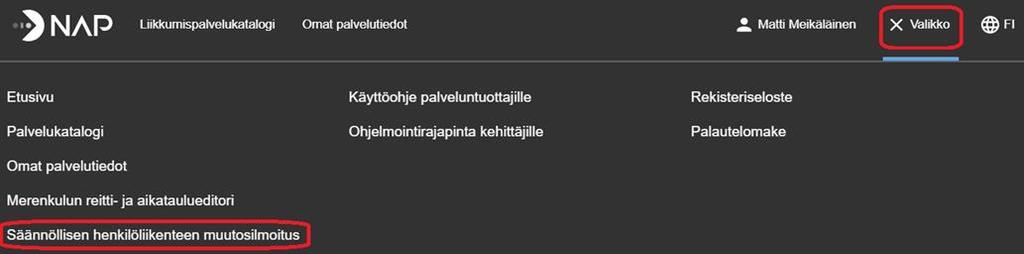 3. Siirry tekemään muutosilmoitus klikkaamalla Valikko -painikkeen takaa kohtaa Säännöllisen henkilöliikenteen muutosilmoitus.