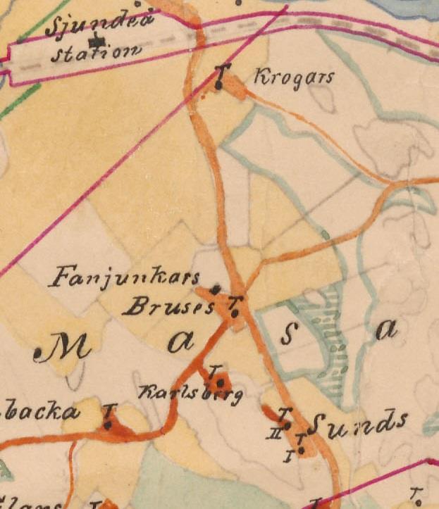 Sjunbyn linnan sotilastorppa, Fanjunkars, rakennettiin Suuren Rantatien varrelle1800-luvun alussa. Torpan maakirjanimi on Bruses. Tuolloin aluetta hallitsivat peltomaisemat.