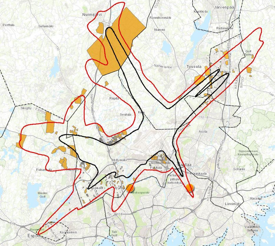 Kartta 1. Helsinki-Vantaan lentoaseman melualueelle tai sen välittömään tuntumaan eli ns.