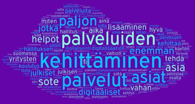 Kolme tärkeintä kehityskohdetta hallitukselle digitalisaation edistämisessä: Useimmin mainitut teemat: Järjestelmien yhteensopivuus ja kehittäminen, julkisten palveluiden digitalisointi, säädösten