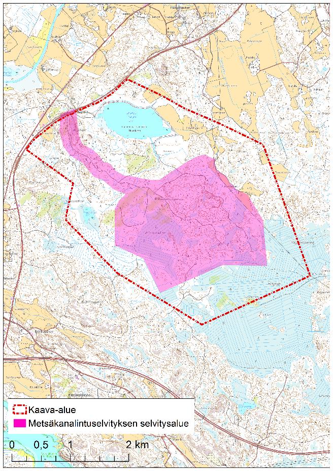 Metsäkanalintuselvityksen selvitysalueen rajaus käsittää vuoden 2014 osayleiskaava-alueen. Suunnittelun edetessä kaavaalueen rajaus on muuttunut ja siksi se on eri kuin kaava-alueen rajaus.