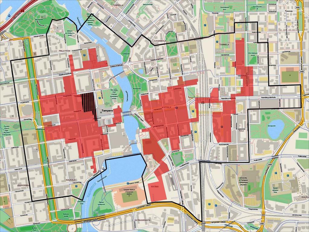 Keskustarajaus ja kuumat korttelit: Tampere Keskusta-alueen muodostavat ns. kuumat korttelit ja sitä ympäröivä +200 m elävä keskustavyöhyke*.