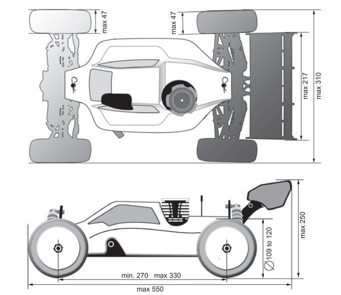 Mitat: suurin pituus 550 mm suurin leveys 310 mm maavaralla 27 mm akseliväli 270-330 mm suurin korkeus 250 mm, mitattu niin että auton pohja on maassa minimipaino 3200 g renkaan halkaisija on 109-120