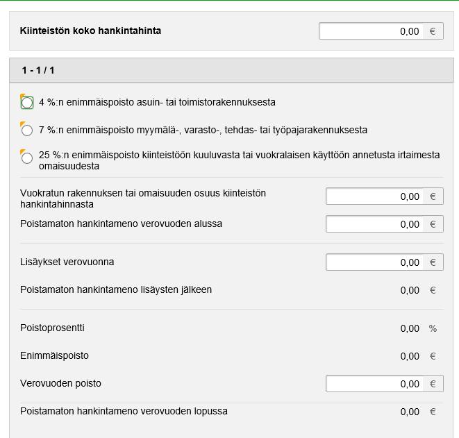 Ilmoittaminen - OmaVero - poisto Kun valitaan enimmäispoistoprosentti vuokrattavan kohteen mukaisesti ja annetaan vaaditut eurotiedot, laskelmaan tulee näkyville enimmäispoisto euroina.