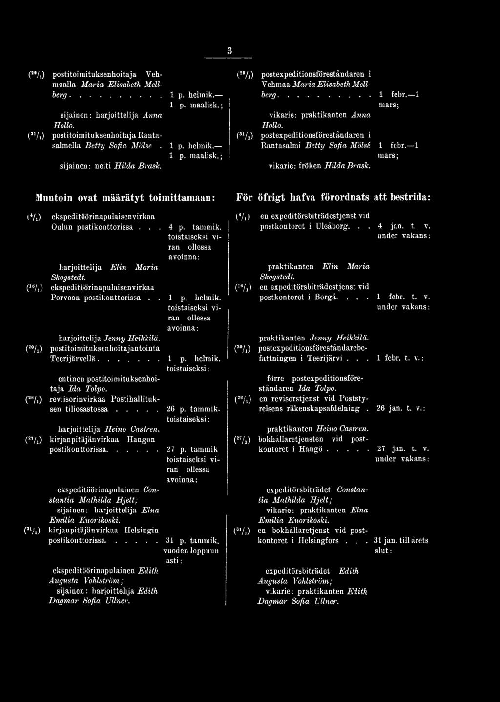(2%) postitoimituksenhoitajantointa Teerijärveltä...I p. helmik. toistaiseksi: entinen postitoimituksenhoitaja Ida Tolpo. (26/i) reviisorinvirkaa Postihallituksen tilio sa sto ssa...26 p. tammik.