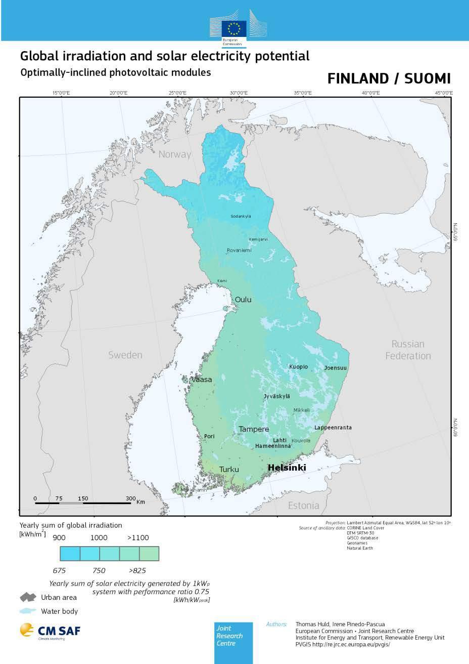 Aurinkosähköjärjestelmien sähköenergian tuotantopotentiaali Suomessa Tavallisesti yhden kilowatin tehoisella järjestelmällä voidaan tuottaa sähköä Etelä-Suomessa arviolta 800-1 000 kwh ja