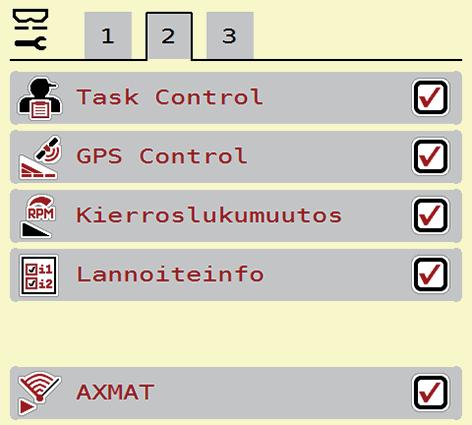4 Käyttö AXIS EMC ISOBUS 4.5 Koneasetukset Tässä valikossa määritetään traktorin ja koneen asetukset. Käynnistä valikko Kone asetukset. Kuva 4.