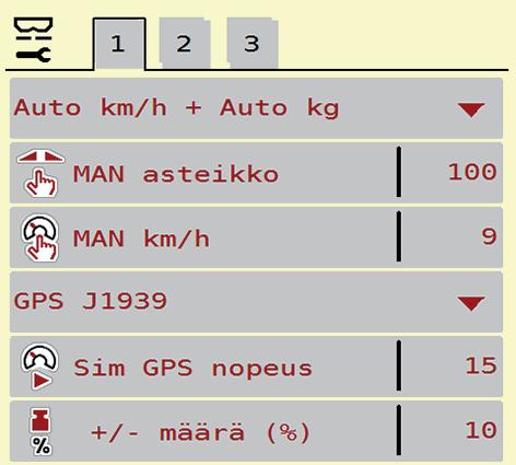 Alavalikko Merkitys Kuvaus Käyttötapa MAN asteikko MAN km/h Syöttö erillisessä syöttöikkunassa. Nopeus-/signaalilähde Sim GSP nopeus Käyttötavan määritys: automaattinen tai manuaalinen.