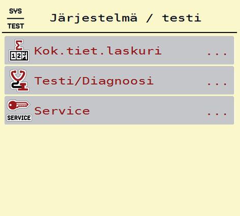 4 Käyttö AXIS EMC ISOBUS 4.7 Järjestelmä/testi Tässä valikossa määritetään koneenohjaimen järjestelmä- ja testiasetukset. Käynnistä valikko Päävalikko > Järjestelmä/testi. Kuva 4.