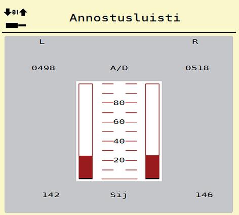 Käyttö AXIS EMC ISOBUS 4 Esimerkki Testi/diagnoosi annostusluisti 1. Käynnistä valikko Testi/diagnoosi > annostusluisti. Näyttöön tulee moottorien/anturien tila. 1 2 3 Kuva 4.