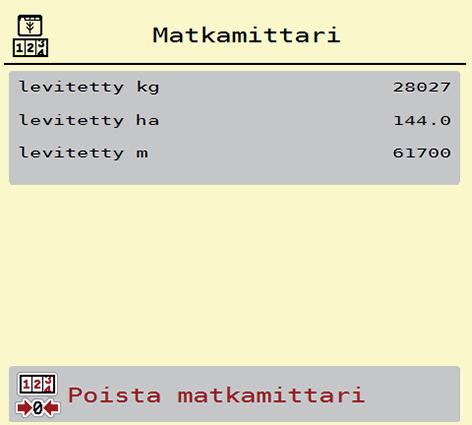 4 Käyttö AXIS EMC ISOBUS 4.9.1 Matkamittari Tässä valikossa voit tarkistaa suoritetun levitystyön arvot, seurata jäljellä olevaa määrää ja nollata matkamittarin poistolla.
