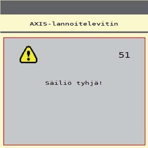 Hälytysilmoitukset ja mahdolliset syyt 6 6.2 Häiriö/hälytys 6.2.1 Hälytysilmoituksen kuittaaminen Hälytytysilmoitus on korostettu näytössä punaisillä kehyksillä ja näytetään varoitustunnuksen kanssa.