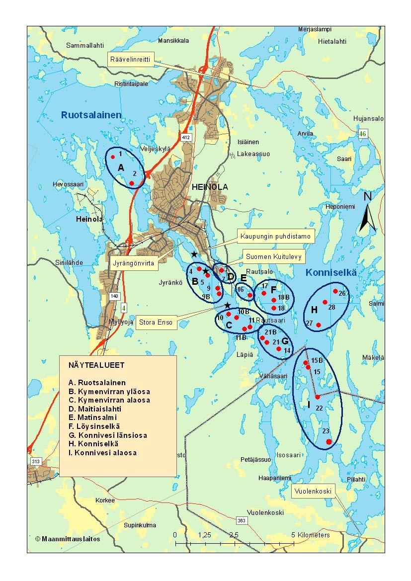 Kuva 1. Heinolan alapuolisen vesialueen pohjaeläintutkimuksen näyteasemat (punaiset pisteet) ja jätevesien purkupisteet (mustat tähdet).