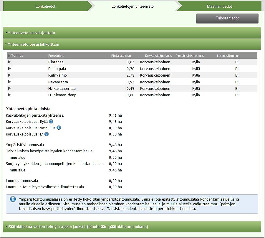 Päätukihaku Lohkotietojen yhteenveto Lohkotietojen yhteenveto osiossa näytetään yhteenvetoja pinta-aloista: kasvulohkon