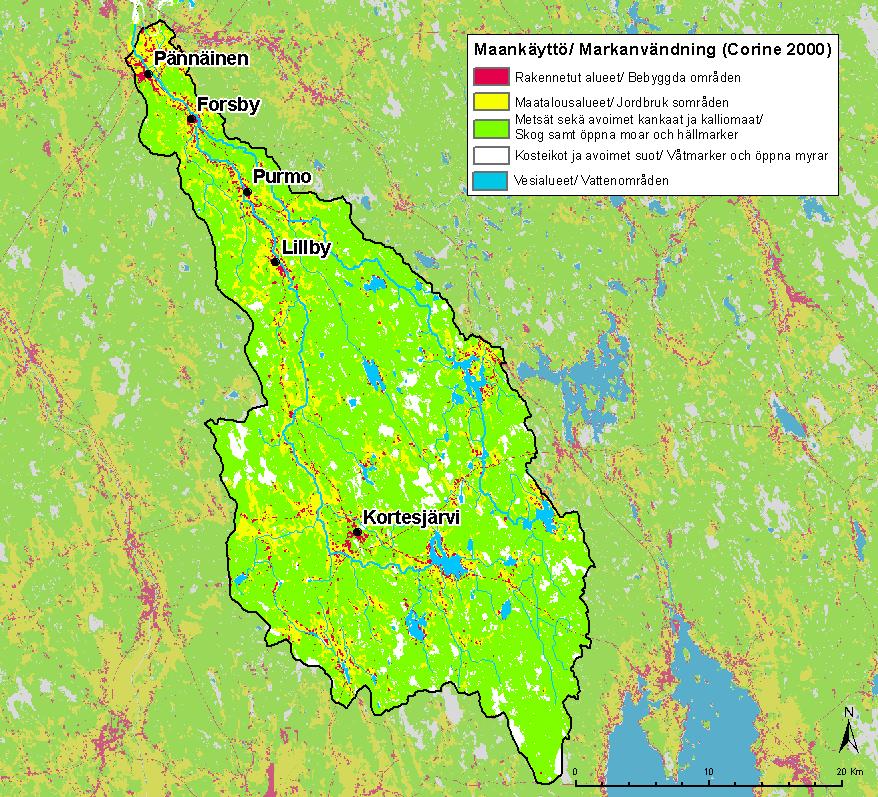 Kuva 6. Corine-aineiston mukainen maankäyttö Purmonjoen vesistöalueella.
