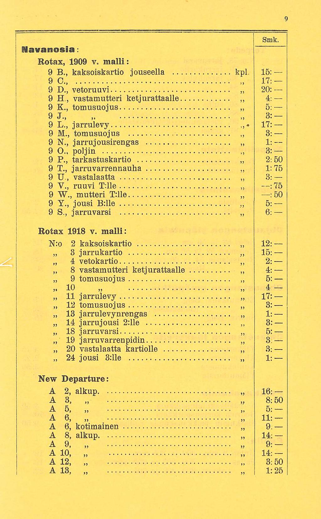 ilavanosia: Rotax, 1909 v. malli: 9 8., kaksoiskartio jouseella kpl, 15: 9 0., 17: 9 D., vetoruuvi 20: 9 H, vastamutteri ketjurattaalle ~ 4: 9 K., tomusuojus 5: 9 J., tl. ~ ~ 9 L,, jarrulevy, 17: 9 M.