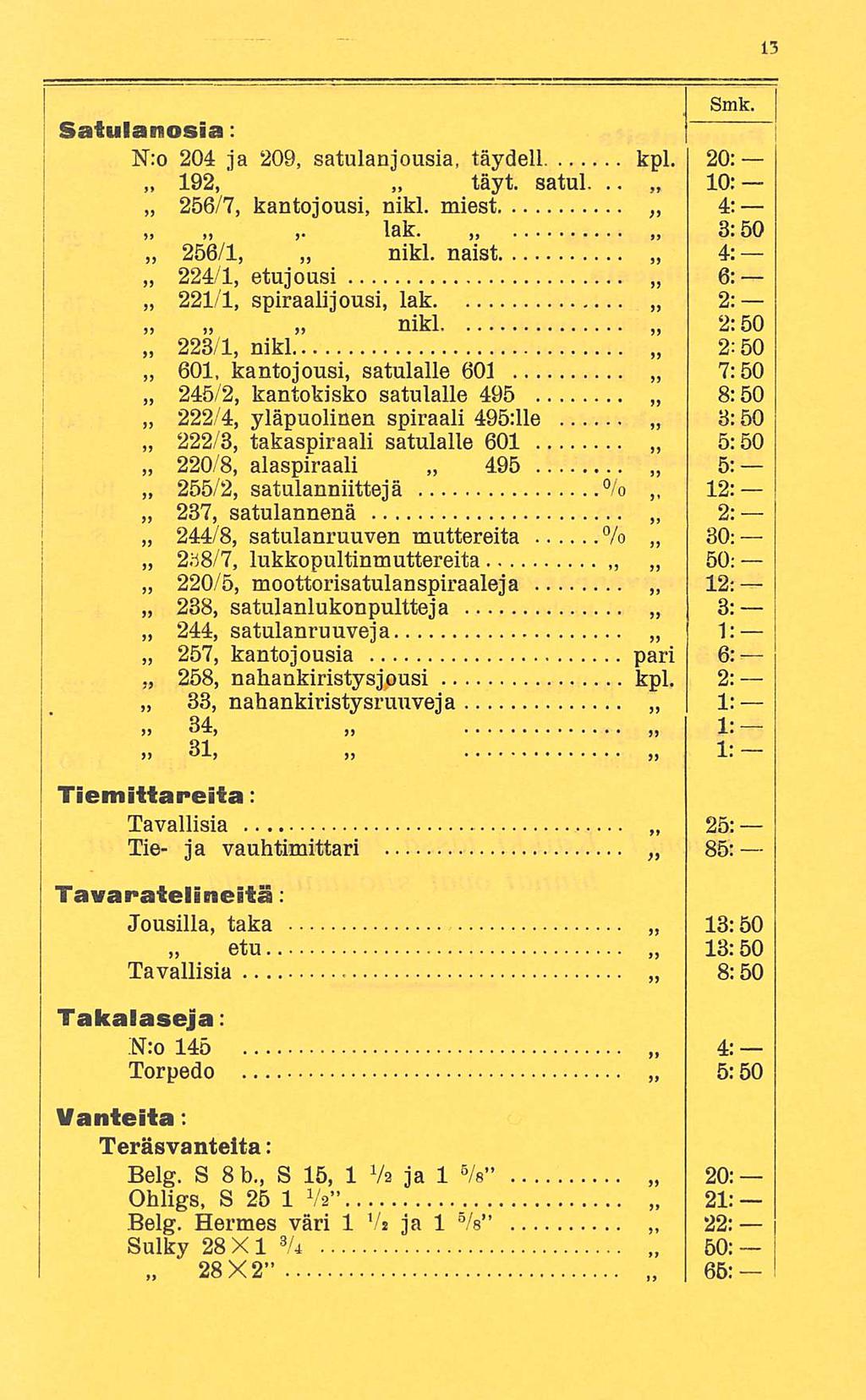 _ Satulanosia: ]~ N:o 204 ja 209, satulanjousia, täydell kpl. 20; 192, täyt. satul... 10: 256/7, kantojousi, nikl. miest 4: lak. 3:50 256/1, nikl.
