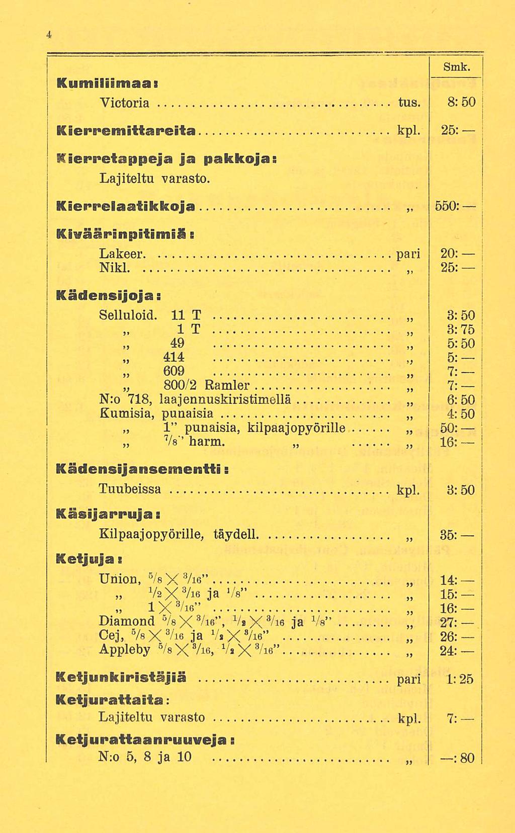 Kumiliimaa i Victoria tus. 8: 50 K mittareita kpl. 25: Kierretappeja ja pakkoja: Lajiteltu varasto. Kierrelaatikkoja 550: KivääHnpitimiä: Lakeer Niki pari 20: 25: Kädensijoja: Selluloid.